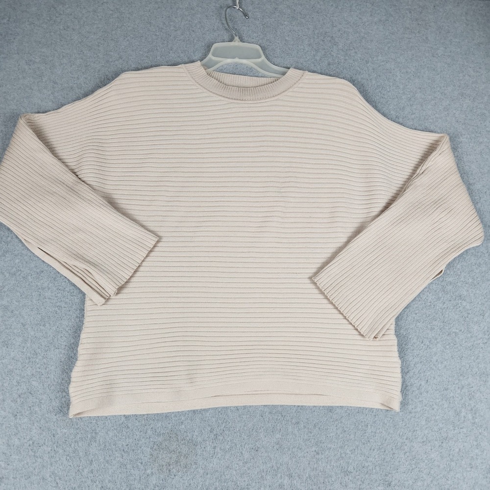 Pink Rose Sweater Womens Medium Beige Ribbed Knit Classic Fit Crew Neck Pullover
